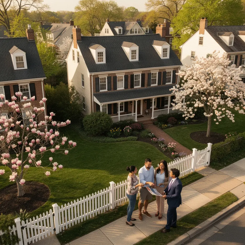 Детская площадка в старинном районе, окруженная зелеными насаждениями.