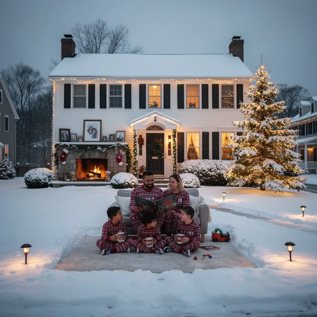 Стильный городской пейзаж с домами в классическом архитектурном стиле.