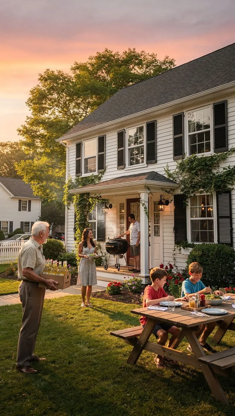 Вид на колониальный дом с закатным небом на фоне.