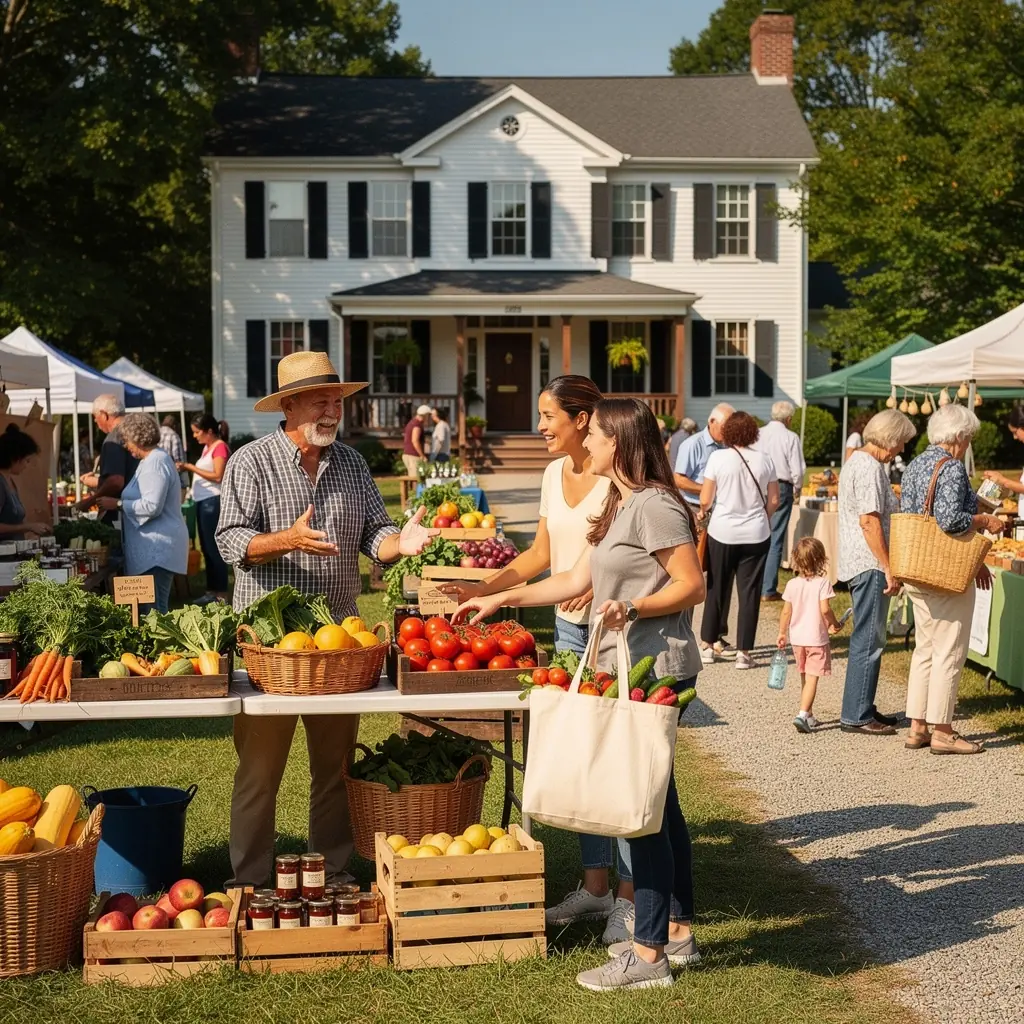 Солнечный двор с ухоженной лужайкой и цветами перед историческим домом.