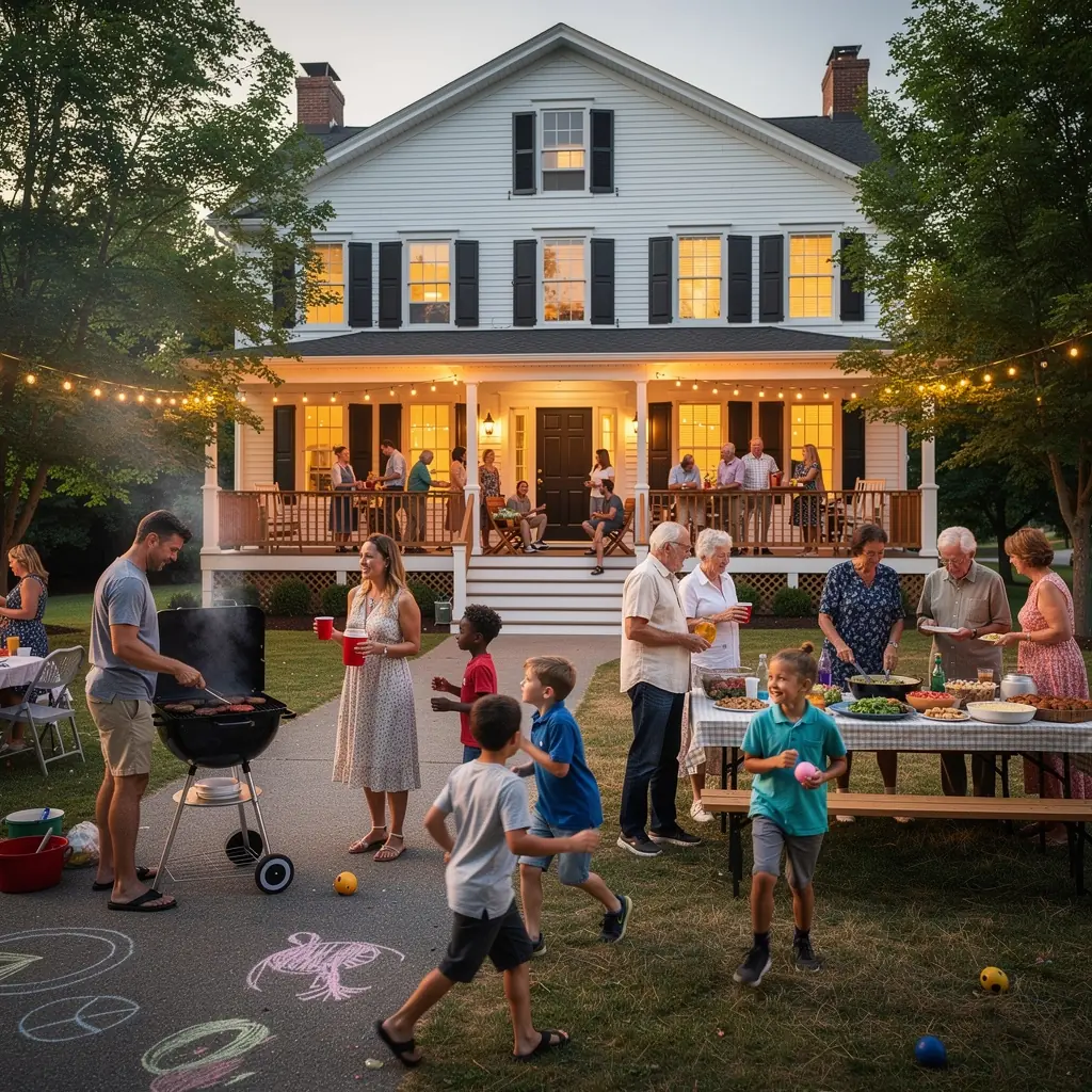 Улица с колониальными домами, окруженными зелеными деревьями и красивыми ландшафтами.