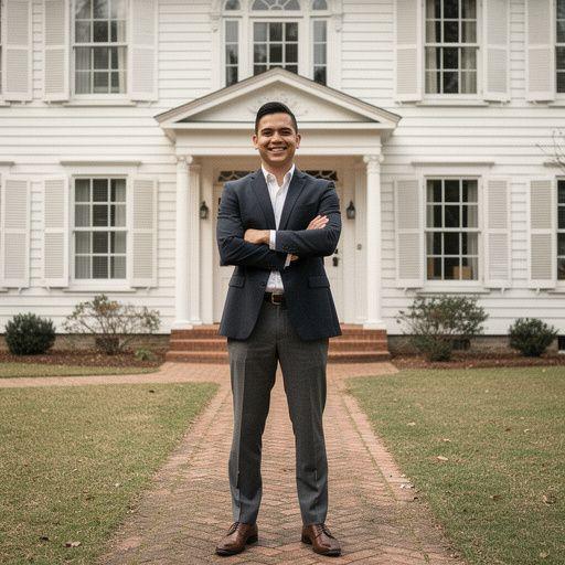 Классический колониальный дом с белыми колоннами и зеленым двором.